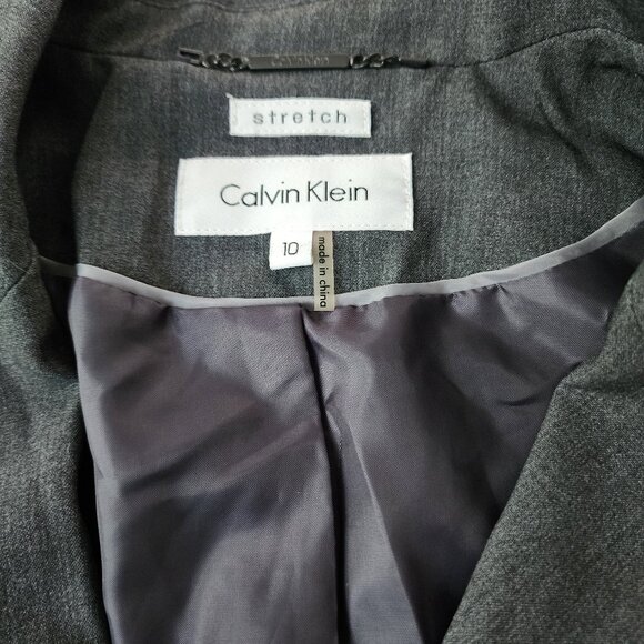 Calvin Klein Blazer Women 10 Charcoal Gray Long Sleeve Two Button Jacket Stretch - Picture 2 of 3